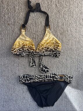 Skye Swimwear Black and Gold Patterned Halter Bikini